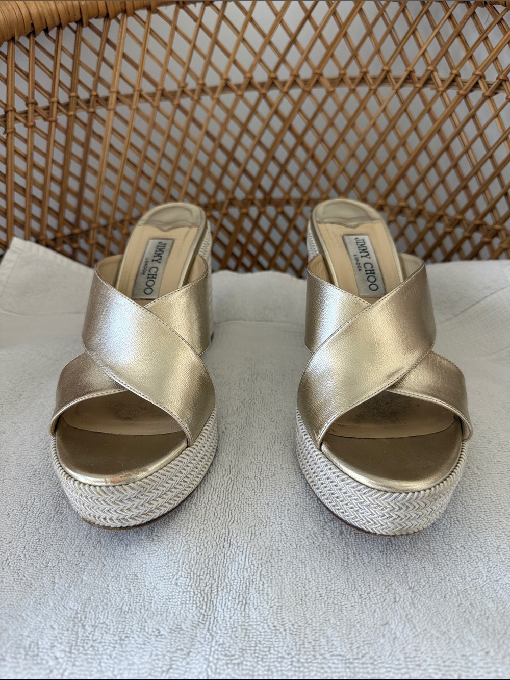 Jimmy Choo Metallic Gold Crisscross Platform Mules